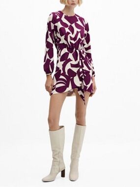 Mango Mercia Printed Bow Dress Size XXL, Summer, Lightweight, Plum